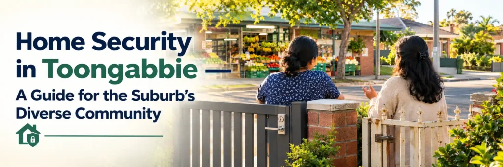 Two neighbours talking beside residential gates with modern and traditional locks near a fruit and grocery shop in Toongabbie.