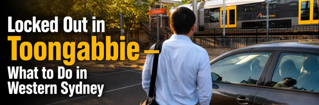 Man standing beside a parked car near Toongabbie railway station in Western Sydney after being locked out.