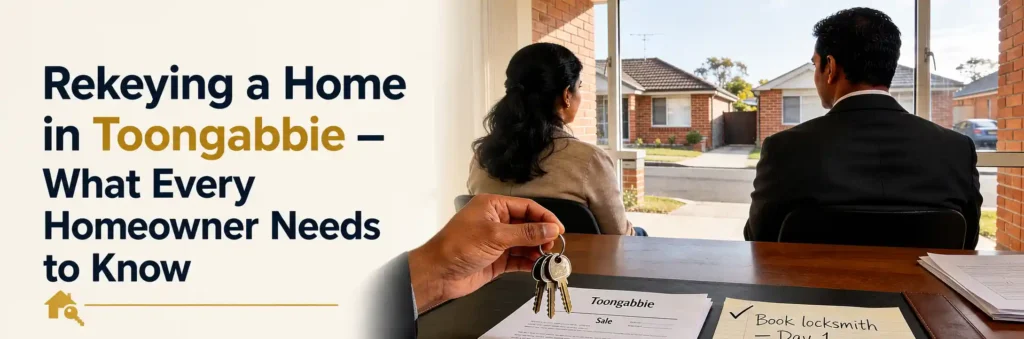 Homeowners reviewing property paperwork while holding house keys during a home purchase in Toongabbie, Sydney.